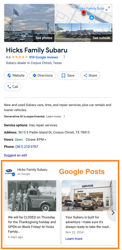 Google Post examples on Hicks Family Subaru